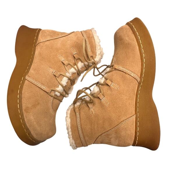 Vtg Y2K Report Tan Suede Fur Rubber Chunky Heel Ankle Boots Womens Sz 7.5 90s - Picture 1 of 16